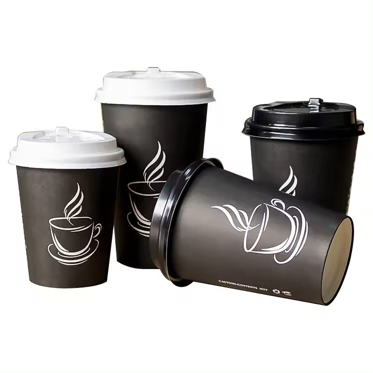 Custom recyclable black 10oz 12oz 16oz single wall paper cups for coffee with cup lids