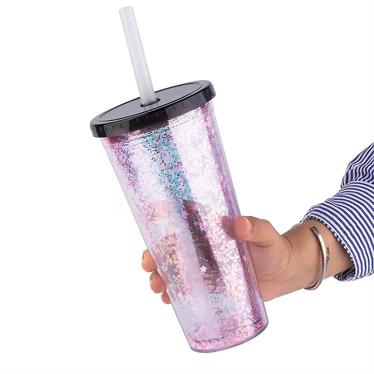 Christmas Gift DIY Available Small MOQ Coffee Mug Double Wall Plastic Boba Cups Tumbler with Straw Lid