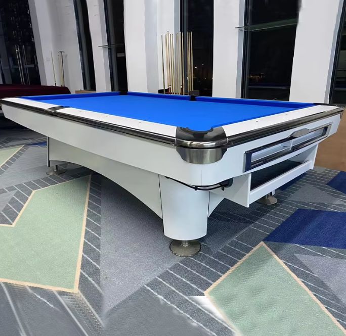 Modern 9-foot pool table with slate bed, wooden legs, cues, standard ball return system, on sale