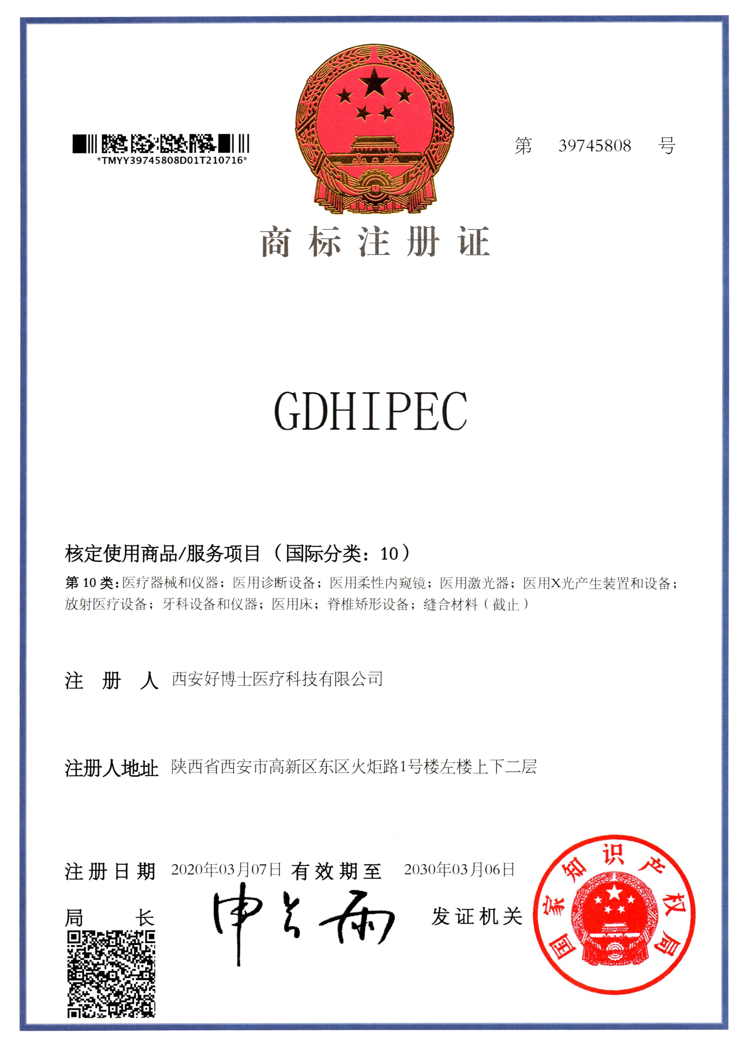 GDHIPEC trademark certificate