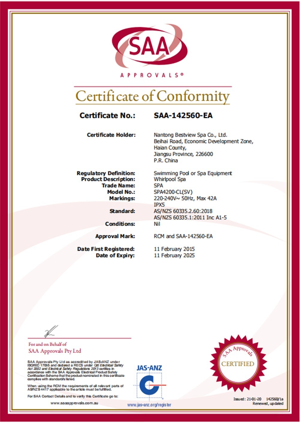 SAA Certificate RECS L3 142560a