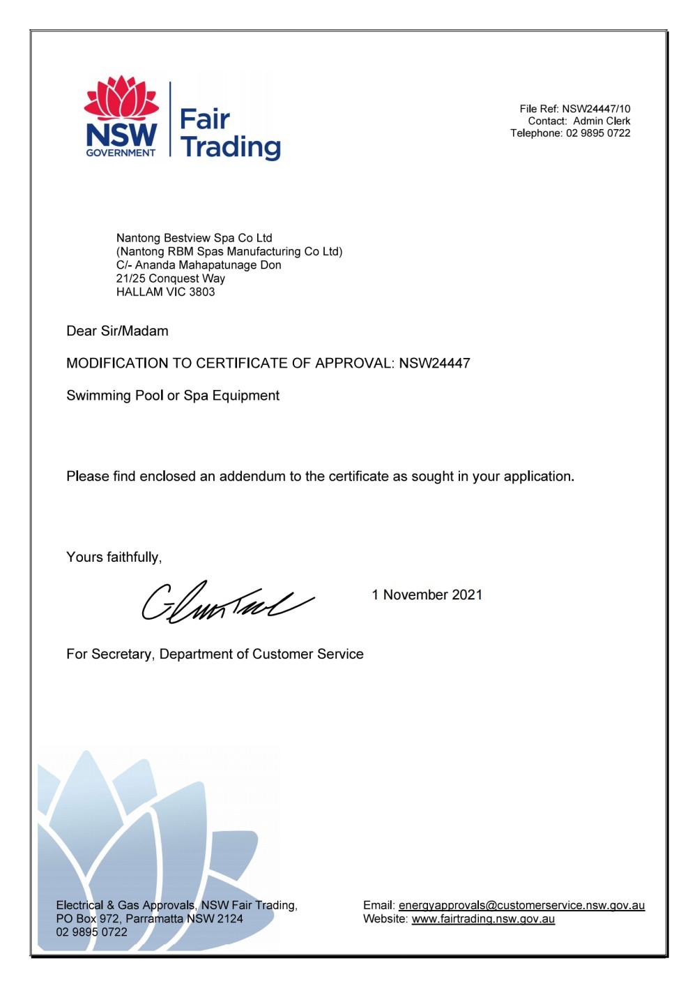 NSW24447 Mod #10 Certificate