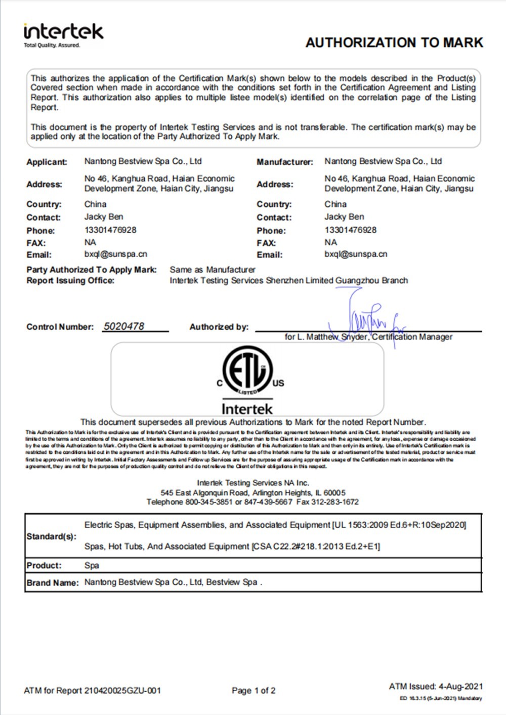 ETL Certificate