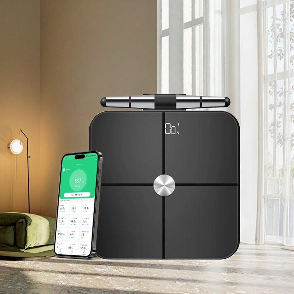 New Designs Smart Body Fat Scale with ITO 180kg 6mm Glass and Platform Analyzer 8 Electrode Stainless Steel Plastic Material