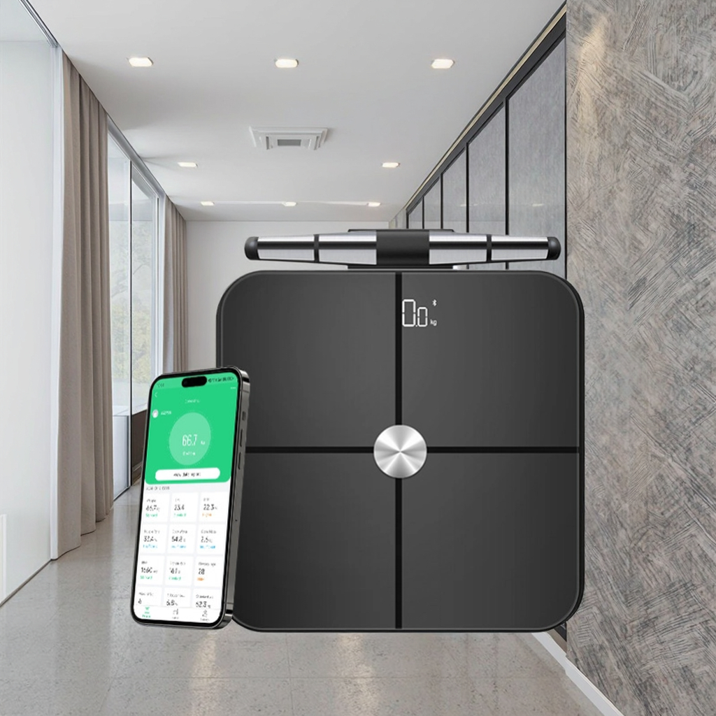 New Designs Smart Body Fat Scale with ITO 180kg 6mm Glass and Platform Analyzer 8 Electrode Made of Durable Plastic