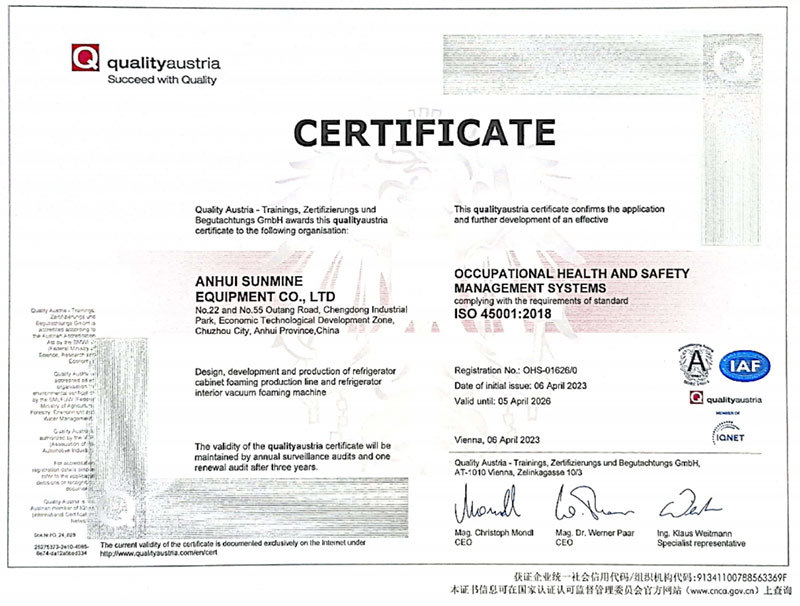 ISO45001职业健康安全管理体系认证证书（英）