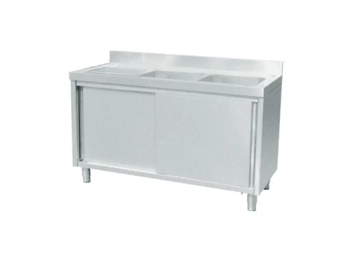 Commercial sink with left 2 bowls and right board