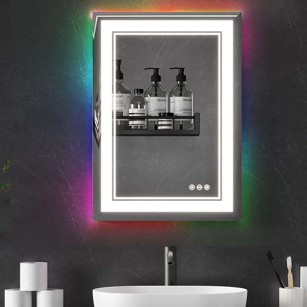 20"x28" RGB LED Bathroom Mirror, Front and Backlit Smart Mirror, LED Mirror for Bathroom with 3 Colors, Vanity Mirror with Lights, Anti-Fog Wall Mounted, Dimmable Touch Switch Control, Memory