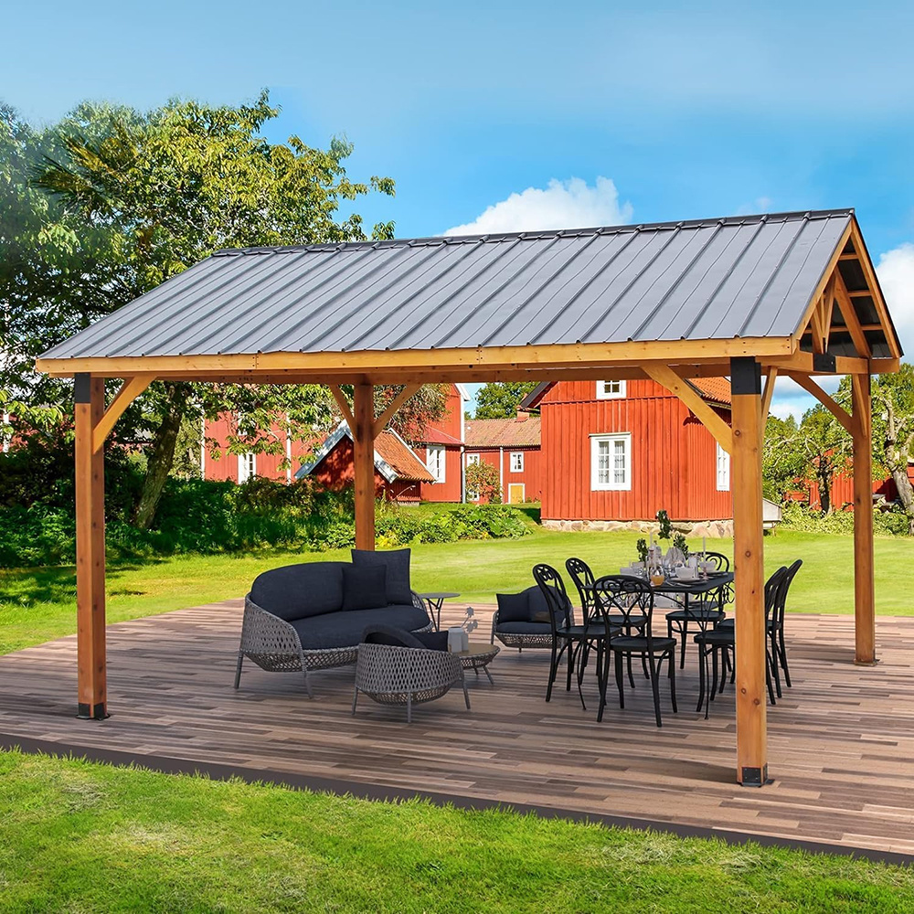 U-MAX 14ft x 12ft Hardtop Gazebo,Cedar Framed Wood Gazebo with Brown Polycarbonate Pyramid Hip Roof for Garden, Backyard Shade, Brown Roof + Natural Wood Frame