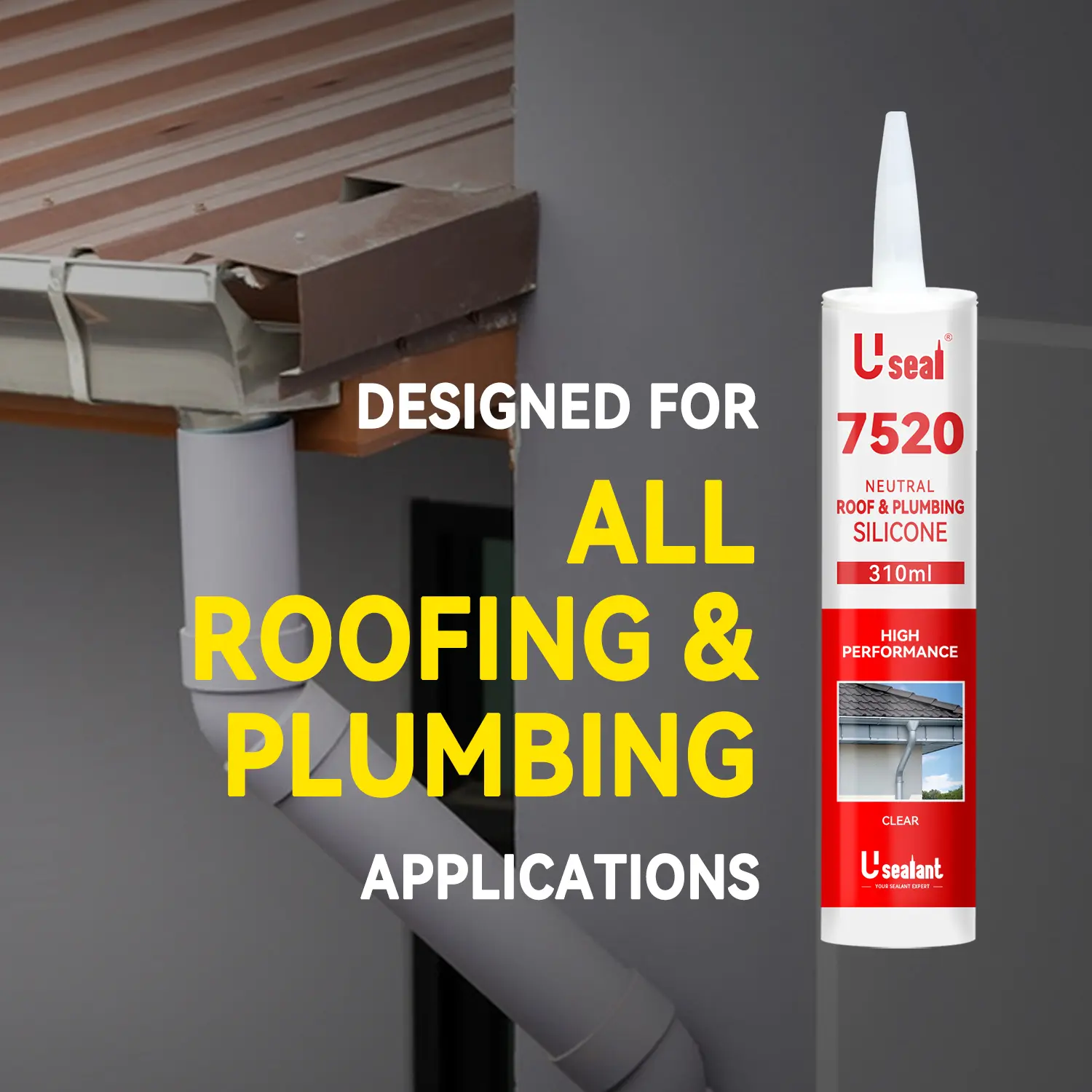 7520 Roof & Plumbing Neutral Silicone sealing connection for plumbing, spouting, roofing, flashing, cladding and guttering
