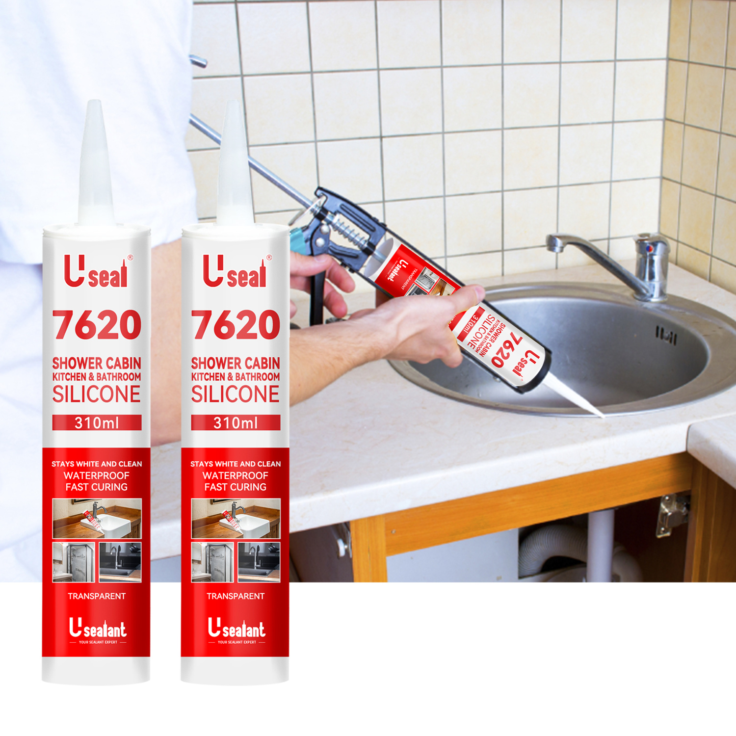 7620 Waterproof Shower Cabine Kitchen & Bathroom Silicone Caulk Clear for Sink, Anti Shrink