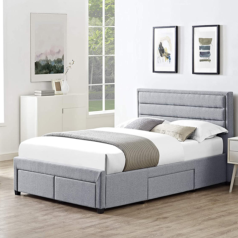 Queen Bed Leather and Fabric Bed With Storage