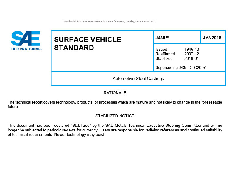 SAE J435-2018—Specifications for Steel Castings Used in the Automotive and Related Industries SAE J435-2018—Specifications for Steel Castings Used in the Automotive and Related Industries