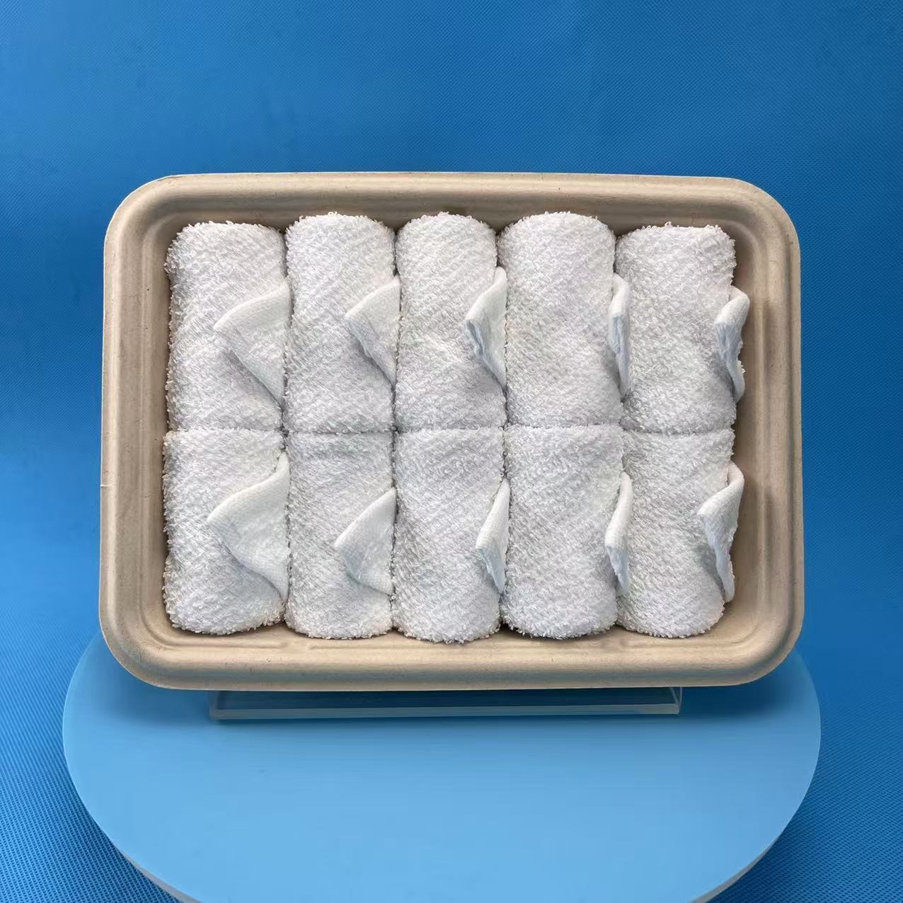 Biodegradable Cotton Hand Bath Towels Disposable Hot and Cold Face Towels for Airline in Biodegradable Tray
