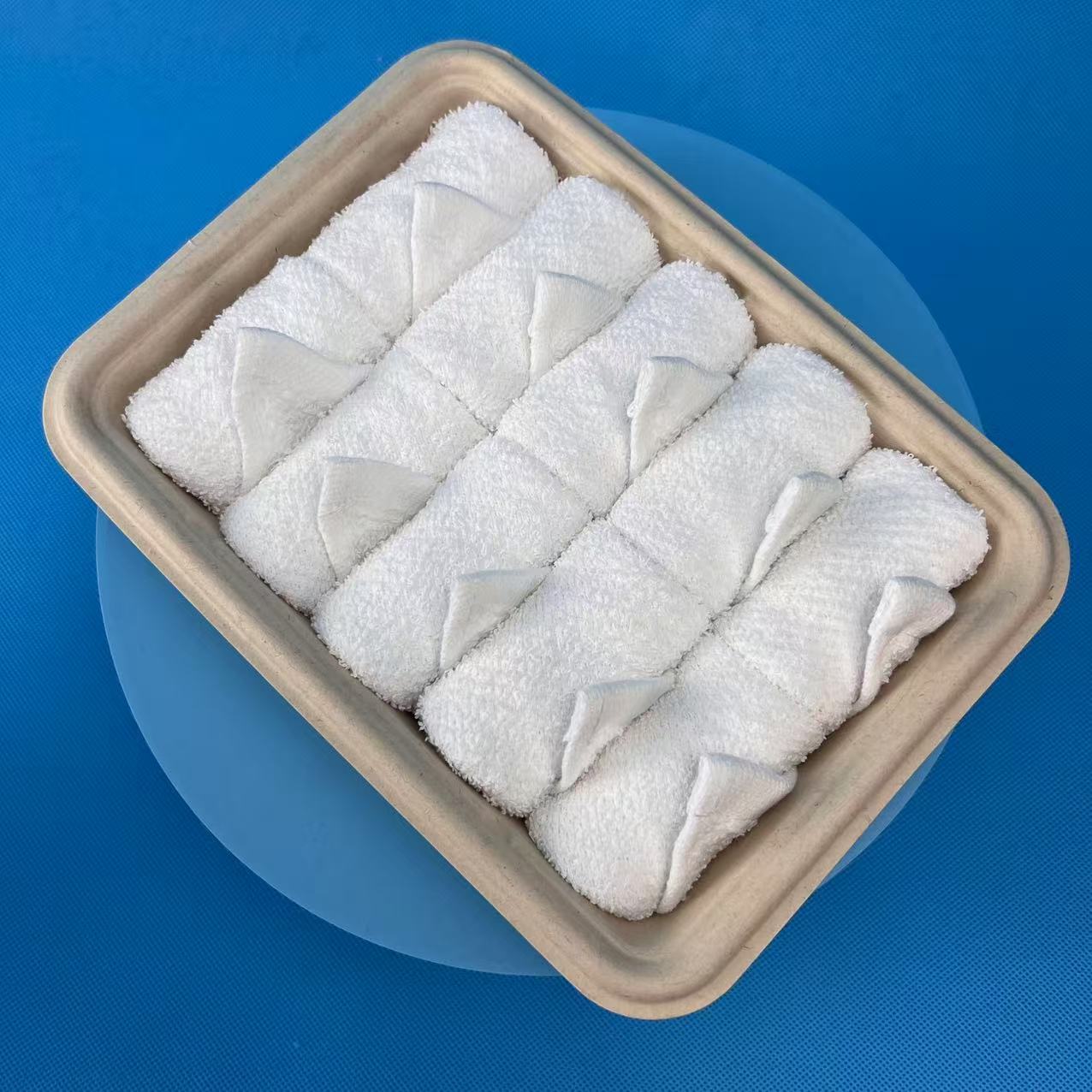 Biodegradable Cotton Hand Bath Towels Disposable Hot and Cold Face Towels for Airline in Biodegradable Tray
