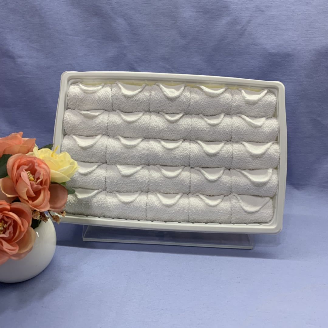 Cotton Disposable Oshibori Face Towel Quick-Dry Woven Towel in Tray Compressed for Airline & Restaurant Use