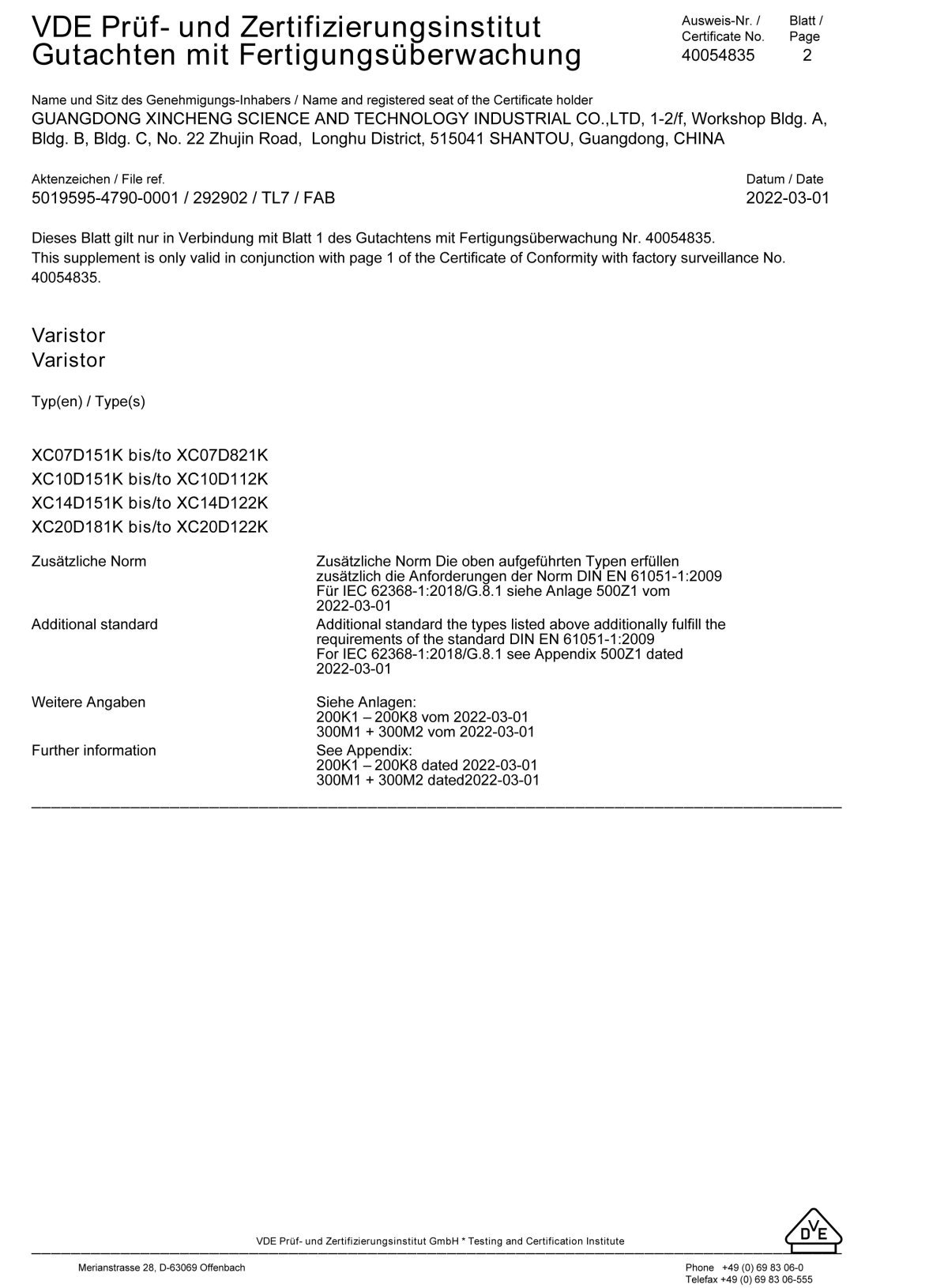 Varistor Certification 10 Varistor Certification 10