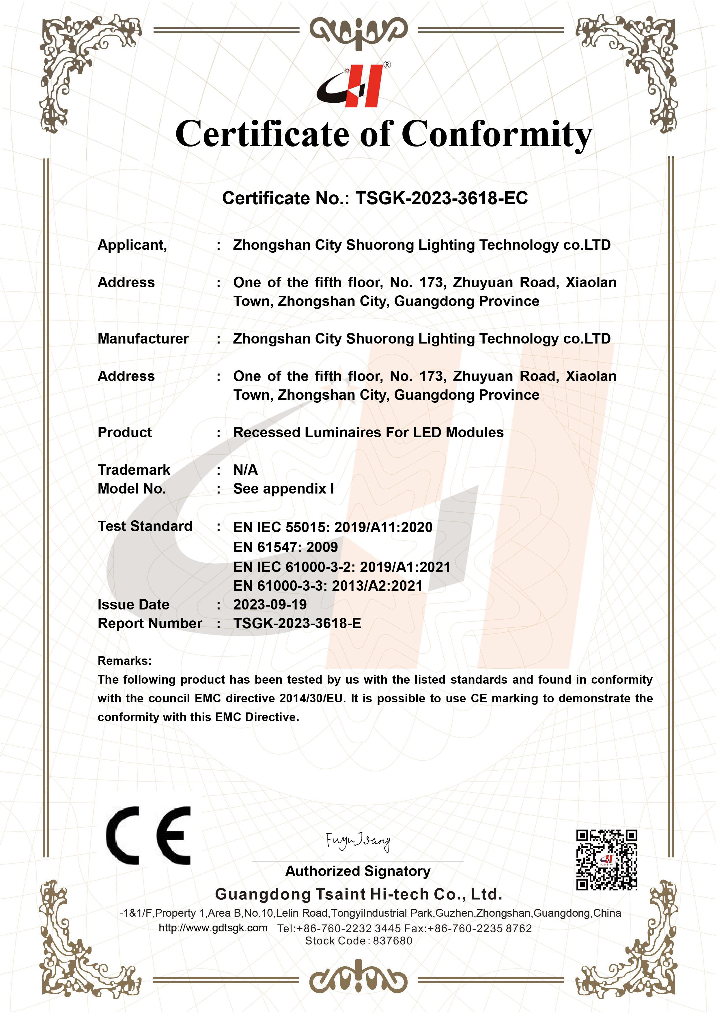 Certificate CE Lamp EMC