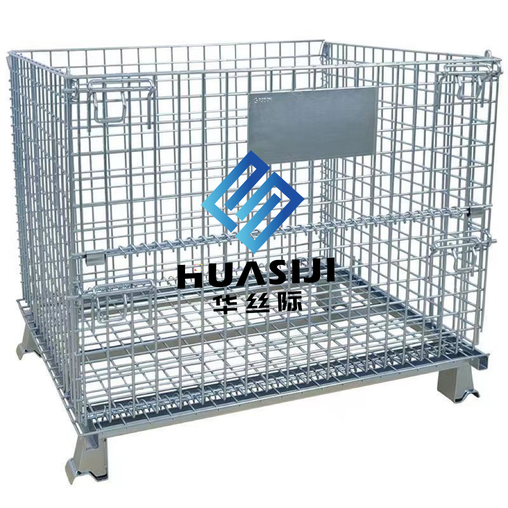 HSJ Collapsible Warehouse Storage Stacking Foldable Wire Mesh Steel Metal Cage Pallet
