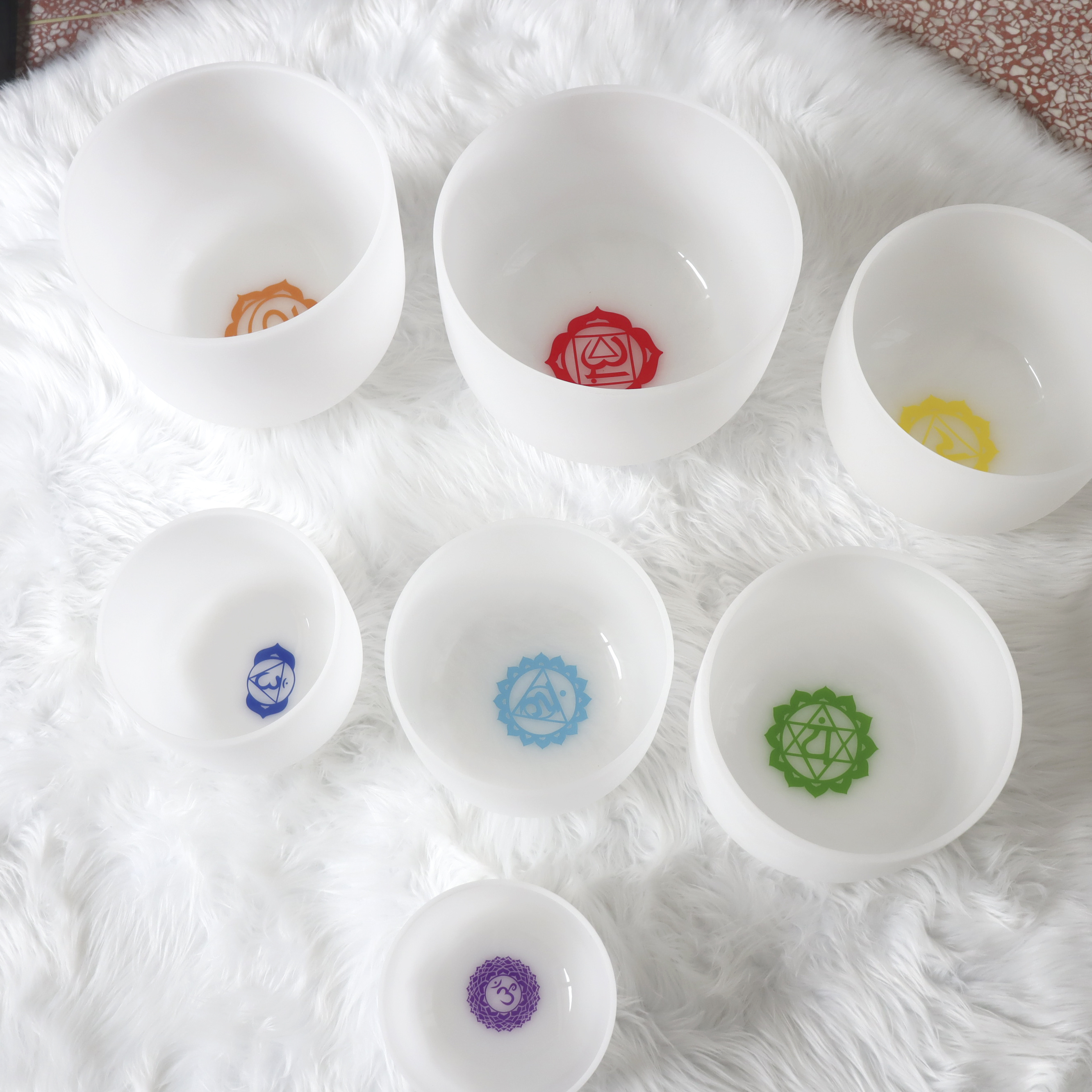 ZHQH Chakra White Frosted Quartz Crystal Singing Bowl Set for Sound Therapy Sound Healing Instrument