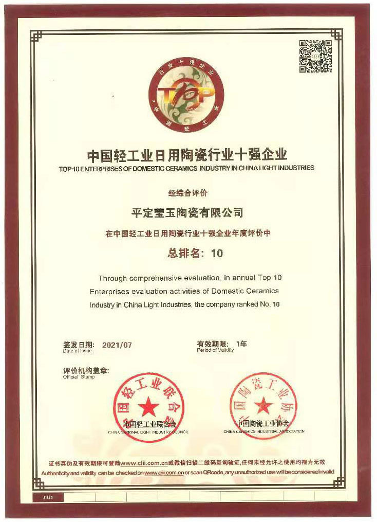 Top Ten Certificates of Daily Ceramic Products in China