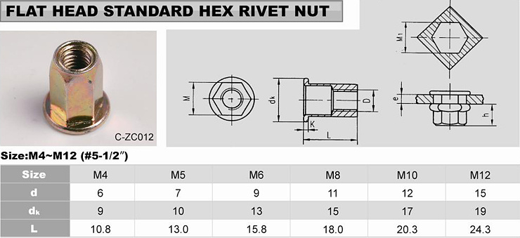 Flat head hexagon rivet nut 