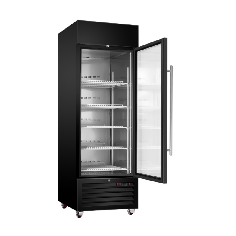 Luxury Commercial Kitchen Upright Merchandiser Refrigerator Stainless Steel Black Swing Glass Door Interior Temperature Range