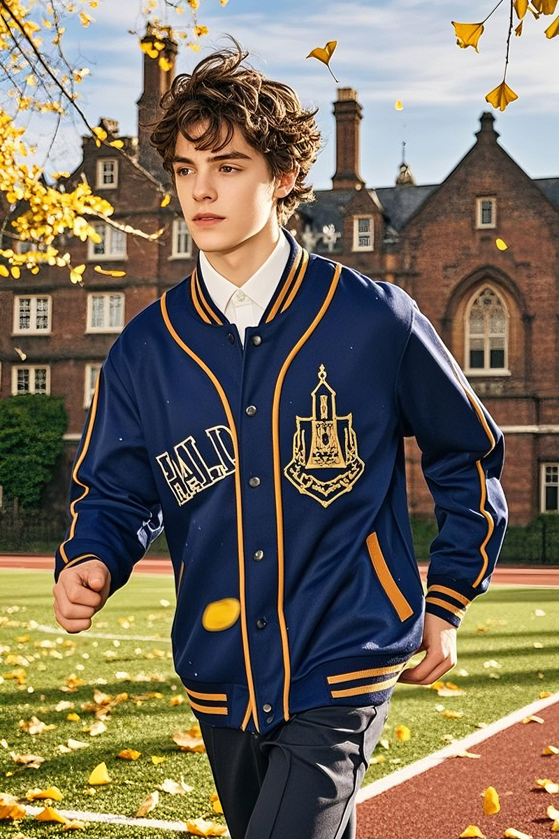 British Vibrant Style Oxford Blue Gold Line School Logo Baseball Jersey British Vibrant Style Oxford Blue Gold Line School Logo Baseball Jersey