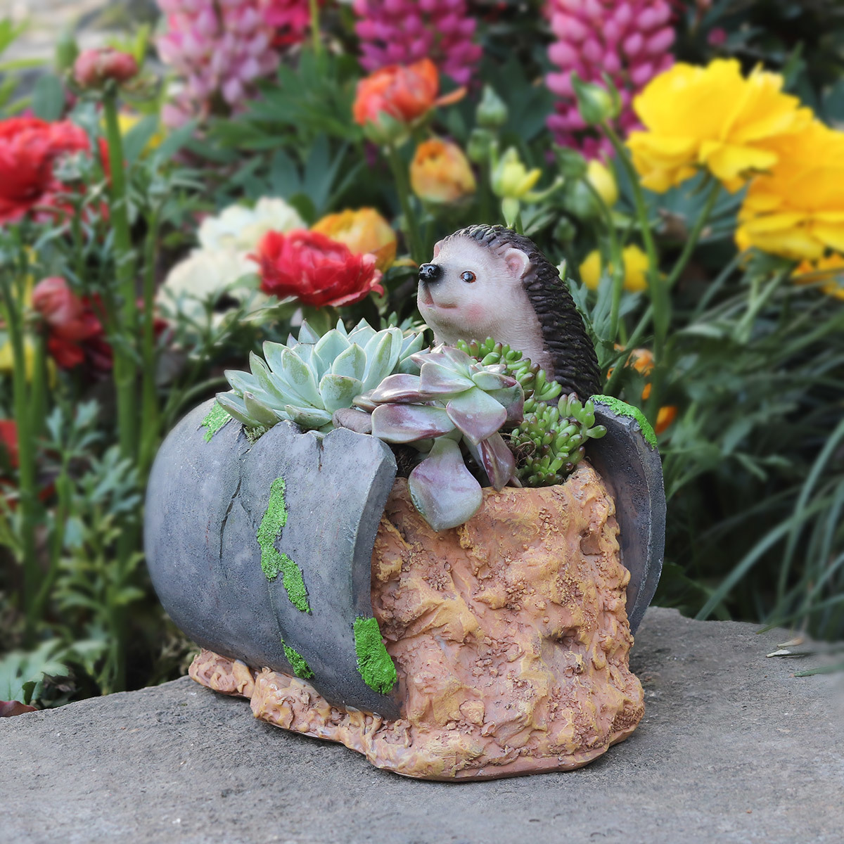 Garden planter  ,hedgehog stand on broken pot ,flower pot