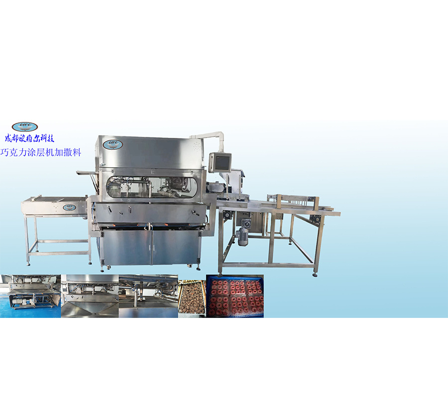 Chocolate coating and sprinkling machine