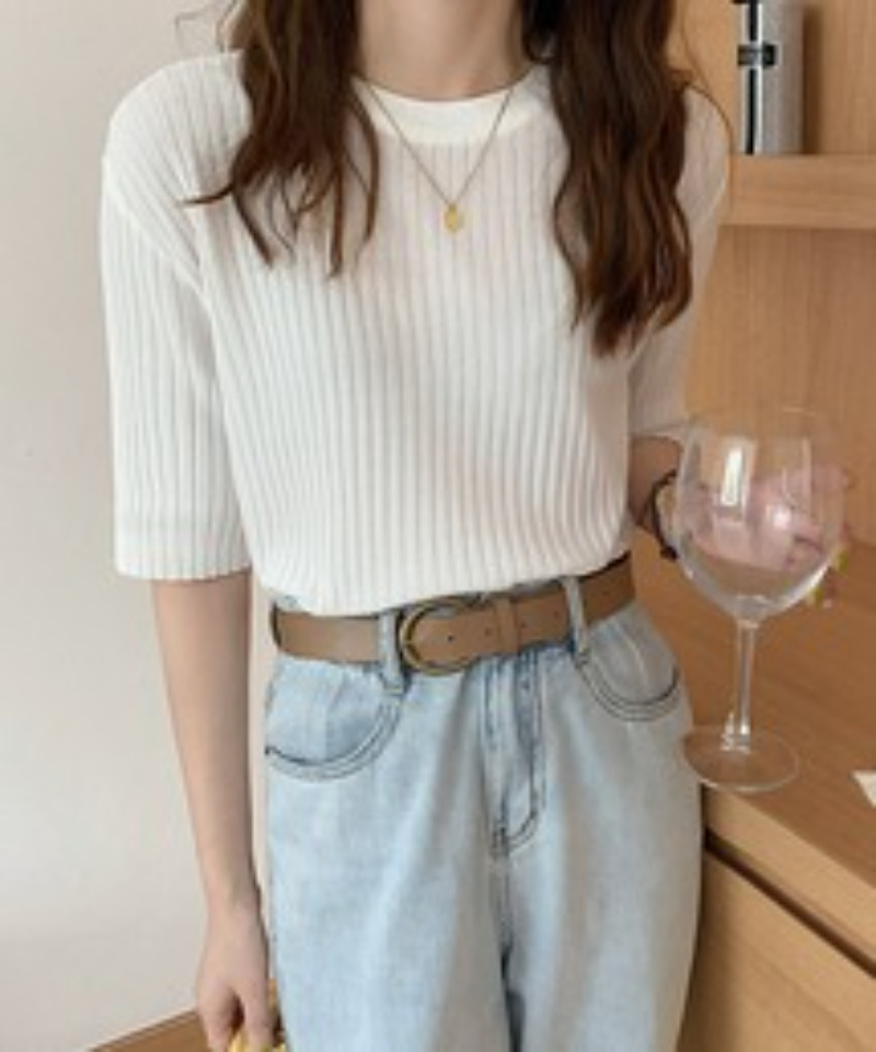 ニットセーター「Jasmine」ハーフスリーブ リブ編みカットソートップス レディース
