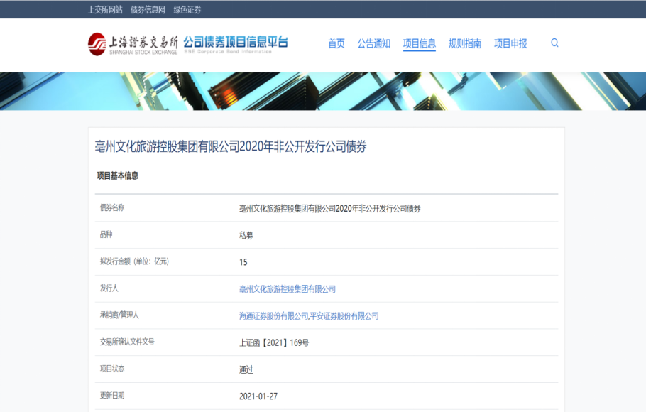 亳州文旅集團(tuán)15億元非公開發(fā)行公司債券順利通過上海證券交易所審批