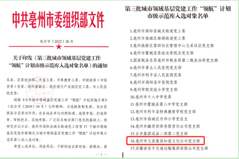 知亳文化公司黨支部入選亳州市第三批城市領域基層黨建“領航”計劃市級示范庫