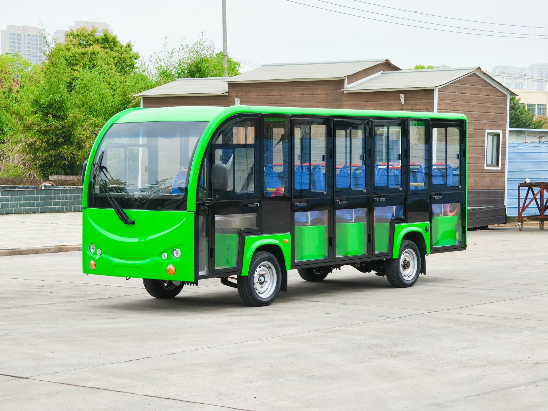 [14 T-shaped enclosed green bus seats]