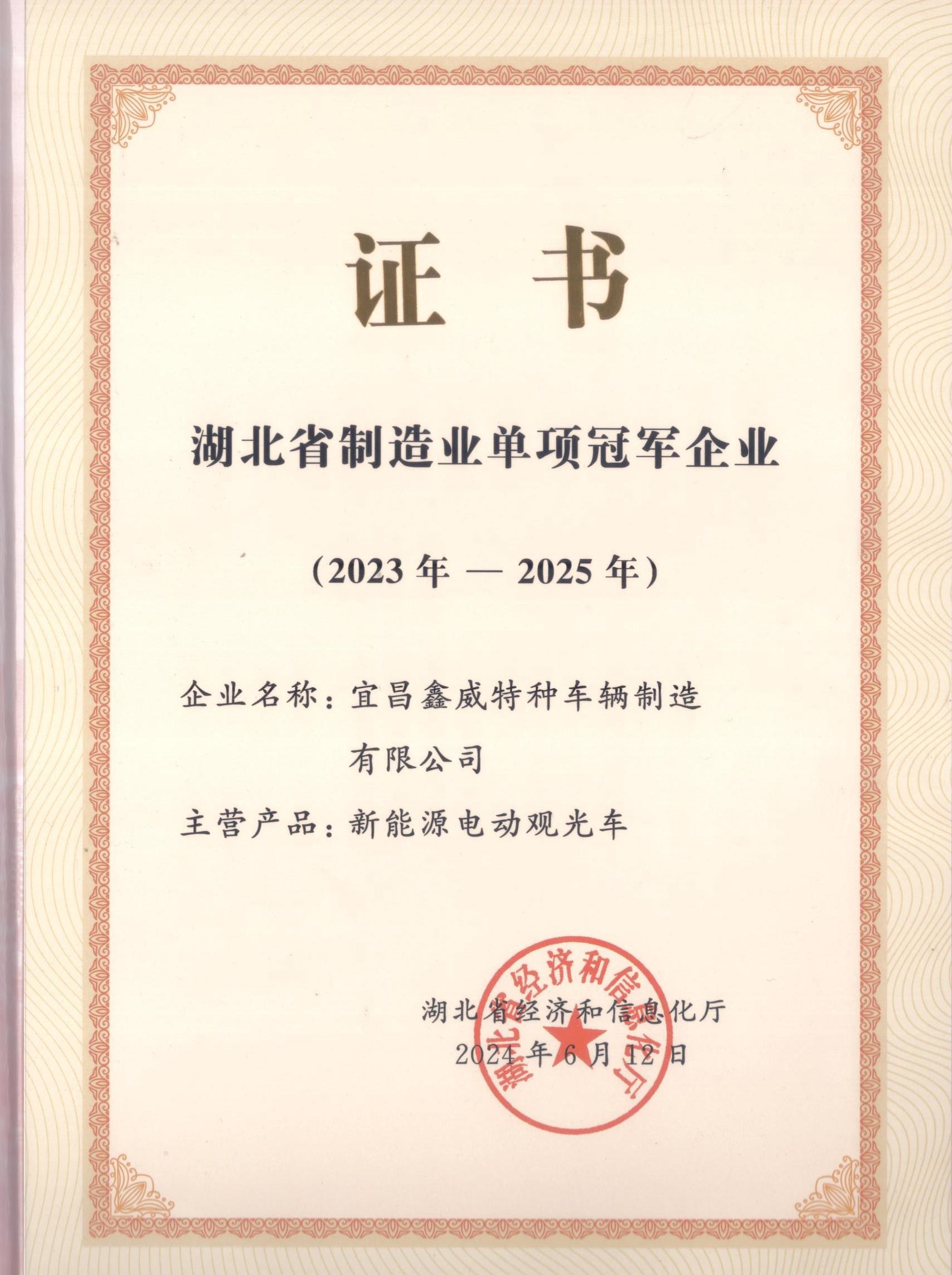 Hubei Province Single-Item Championship Certificate