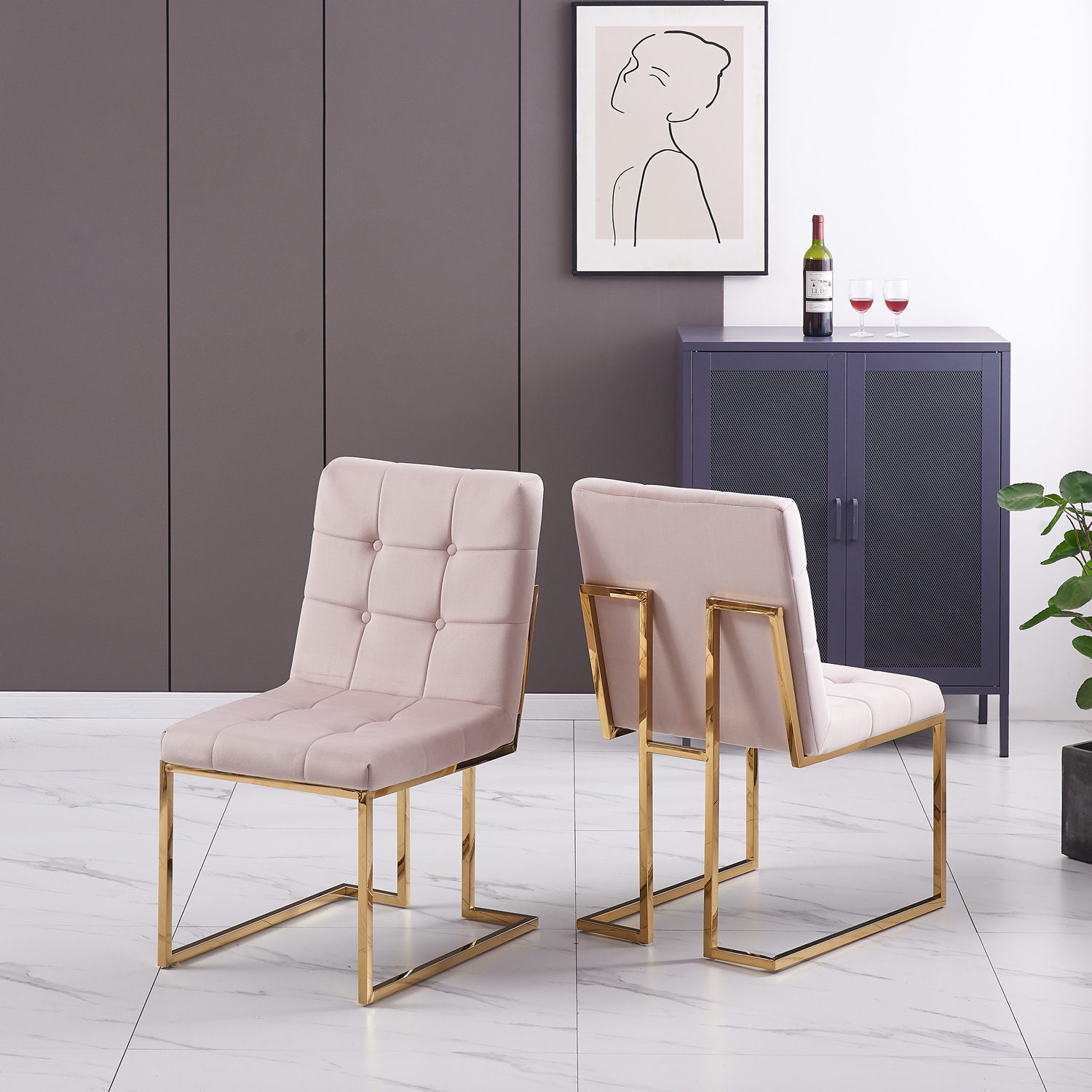 Home Dining Steel Furniture Modern Style Pink Velvet Dining Chair