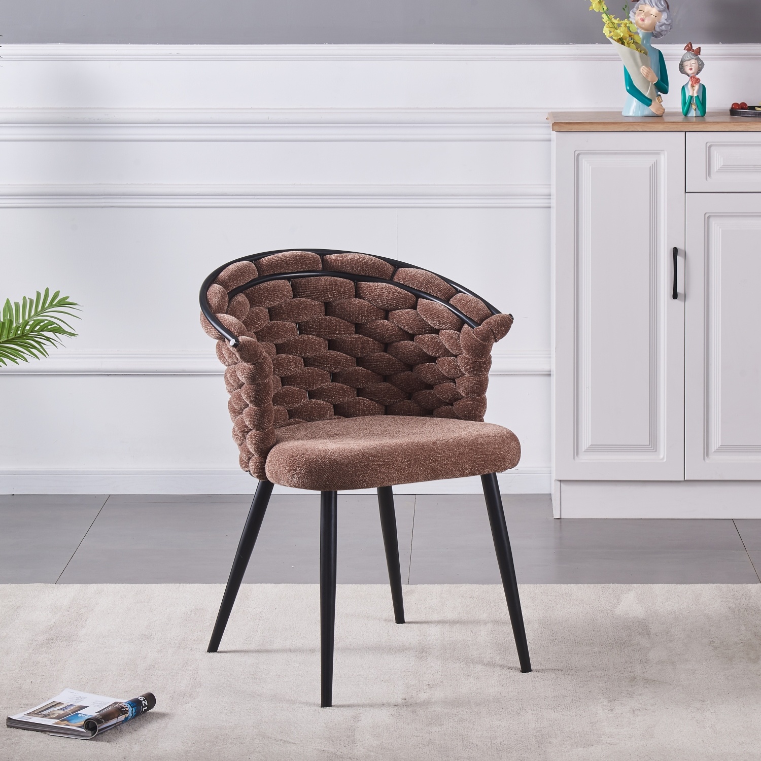 Hot Sale Brown Weave Chair Fabric Velvet Black Powder Coating Steel Dining Chair
