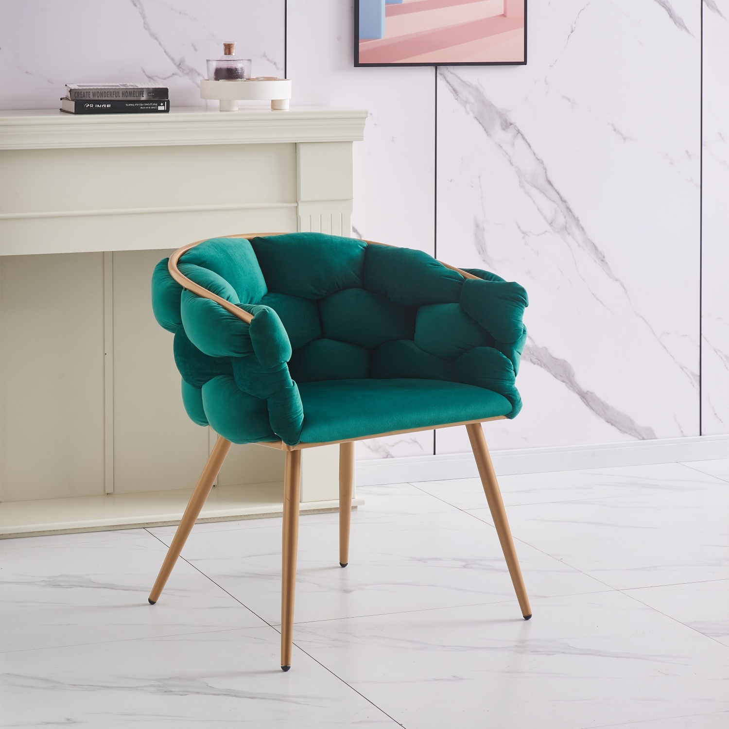 Hot Selling Green Velvet Gold Painting Steel Weave Living Room Accent Chair Dining Chair
