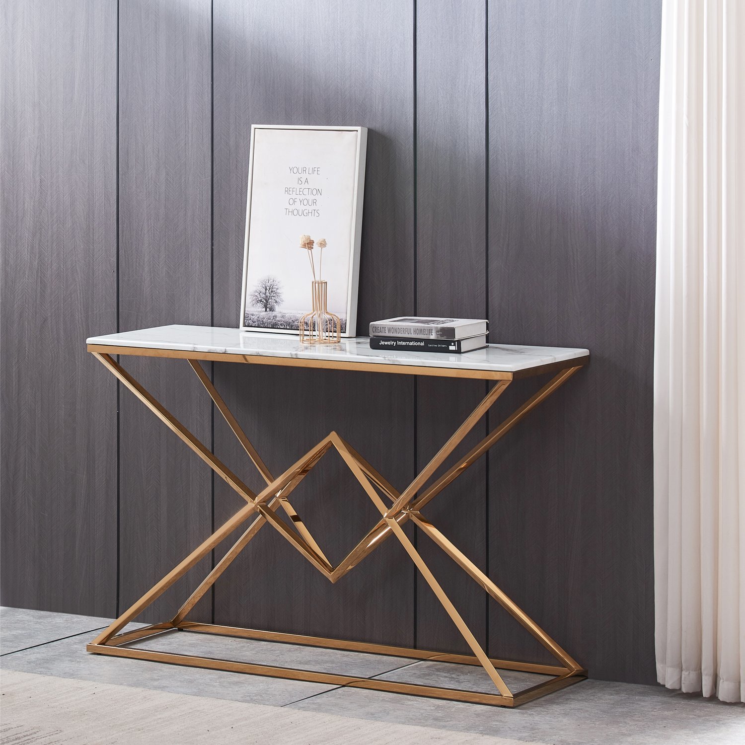 Wholesale Rectangle White Marble Top Console Table with Gold Stainless Steel