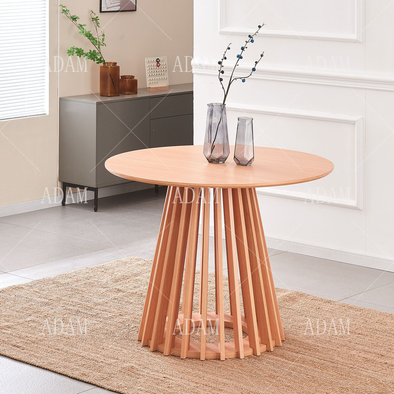 Modern Natural Oak MDF With Paper Piper Fluted Round Wooden Dining Table