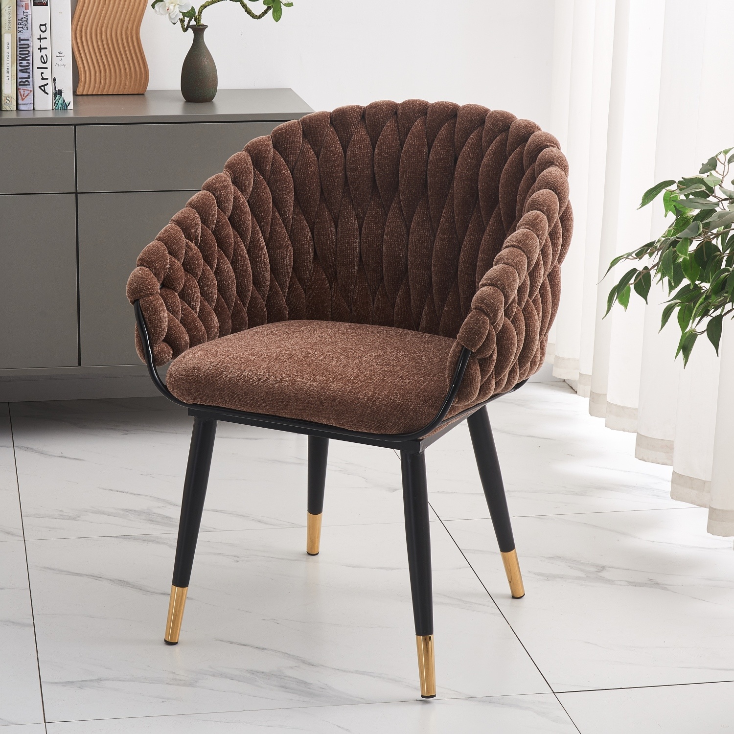 New Design Brown Fabric Armchairs Living Room Furniture Banquet Tufted Dining Chairs