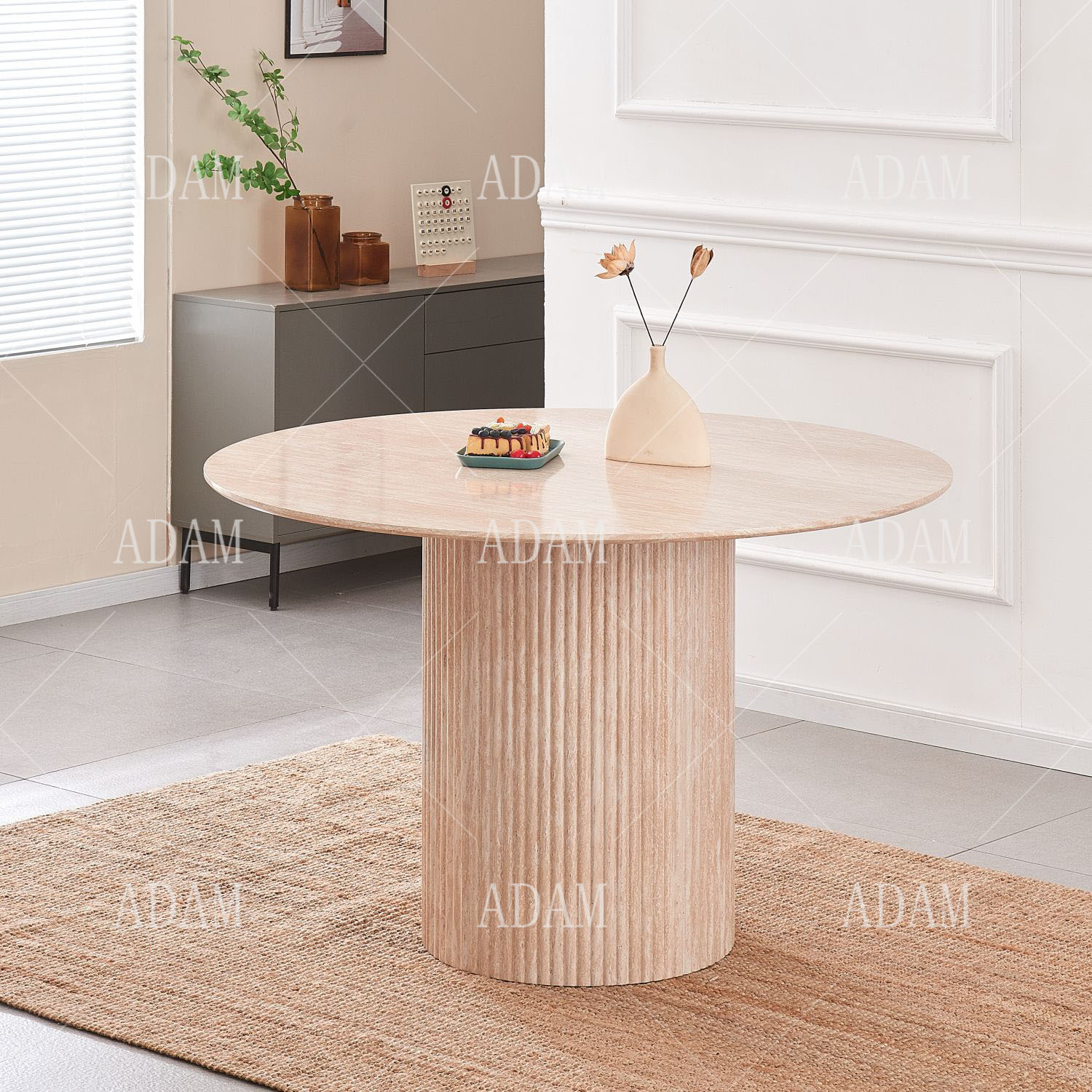 Hot Sale Modern Wooden Dining Room Furniture Slatted Mdf Travertine Dining Table
