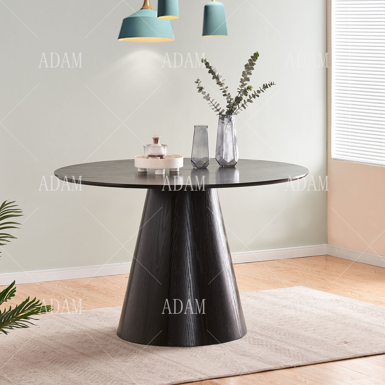 Nordic Ash Black Veneered Painted Wooden Top Round Dining Tables
