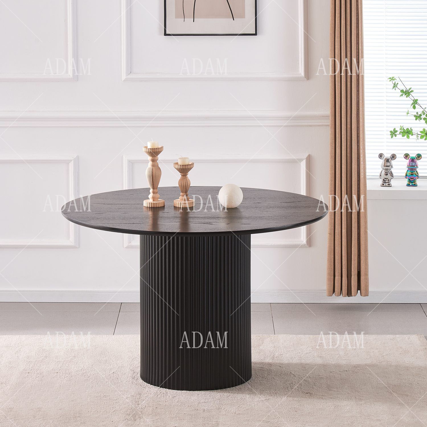 High-Quality Black Veneer Wooden Piper Fluted Round Ribbed Dining Table Set