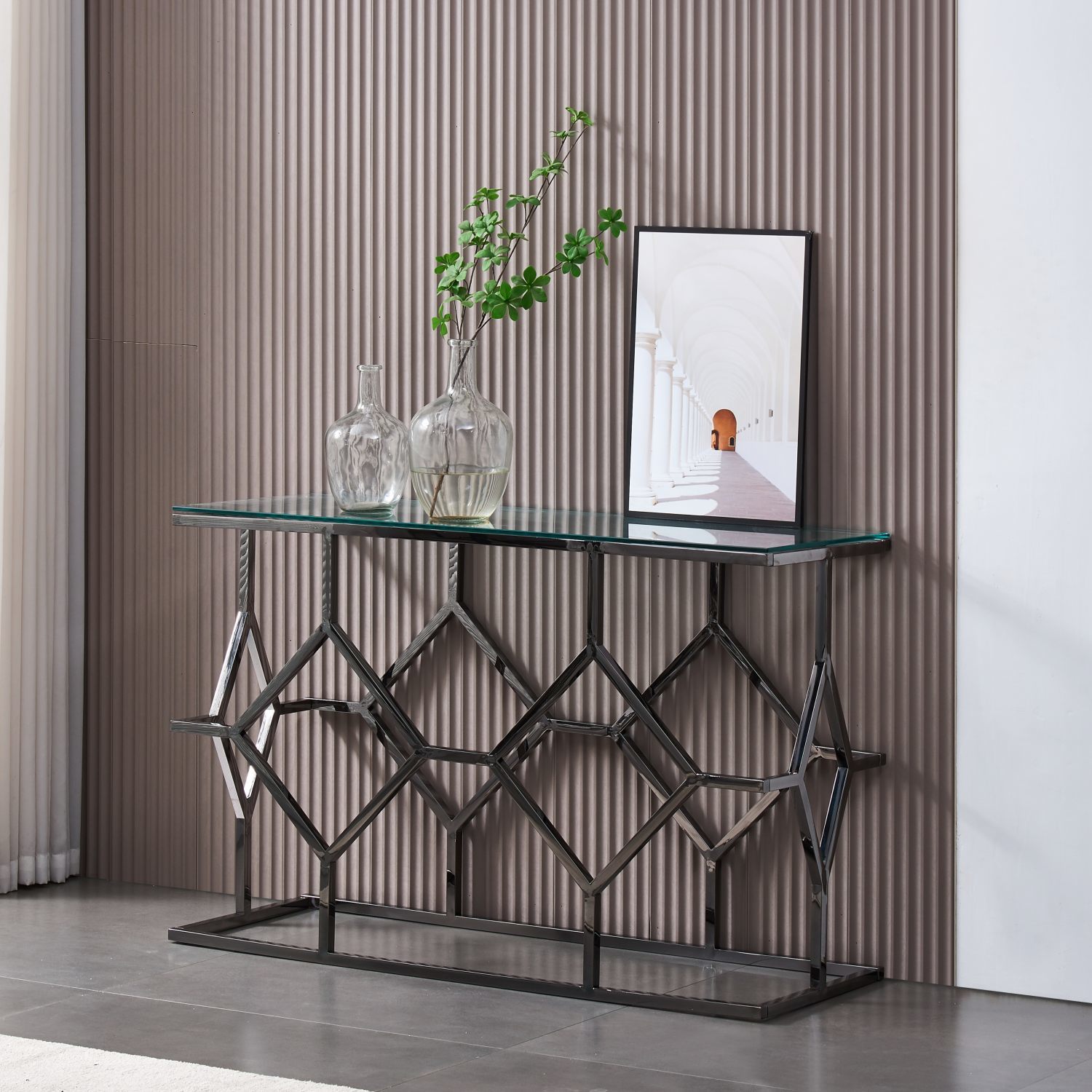 Luxury Modern Titanium Black Stainless Steel Console Table Hallway Tempered Glass