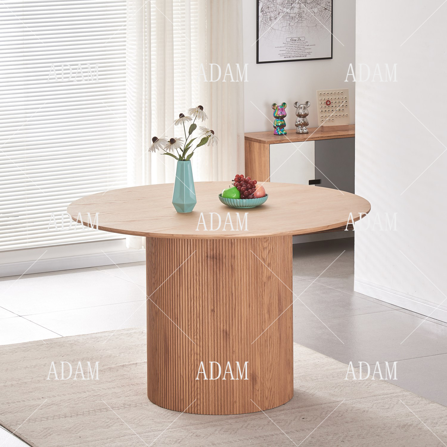 High-Quality Oak Veneer Wooden Piper Fluted Round Ribbed White MDF Dining Table Set