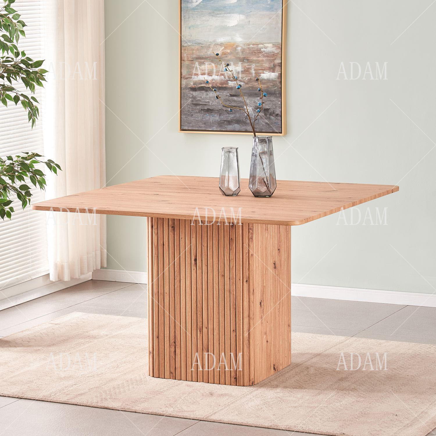 Square Natural Wooden New Fluted Rectangular MDF Oak Wood Dining Table