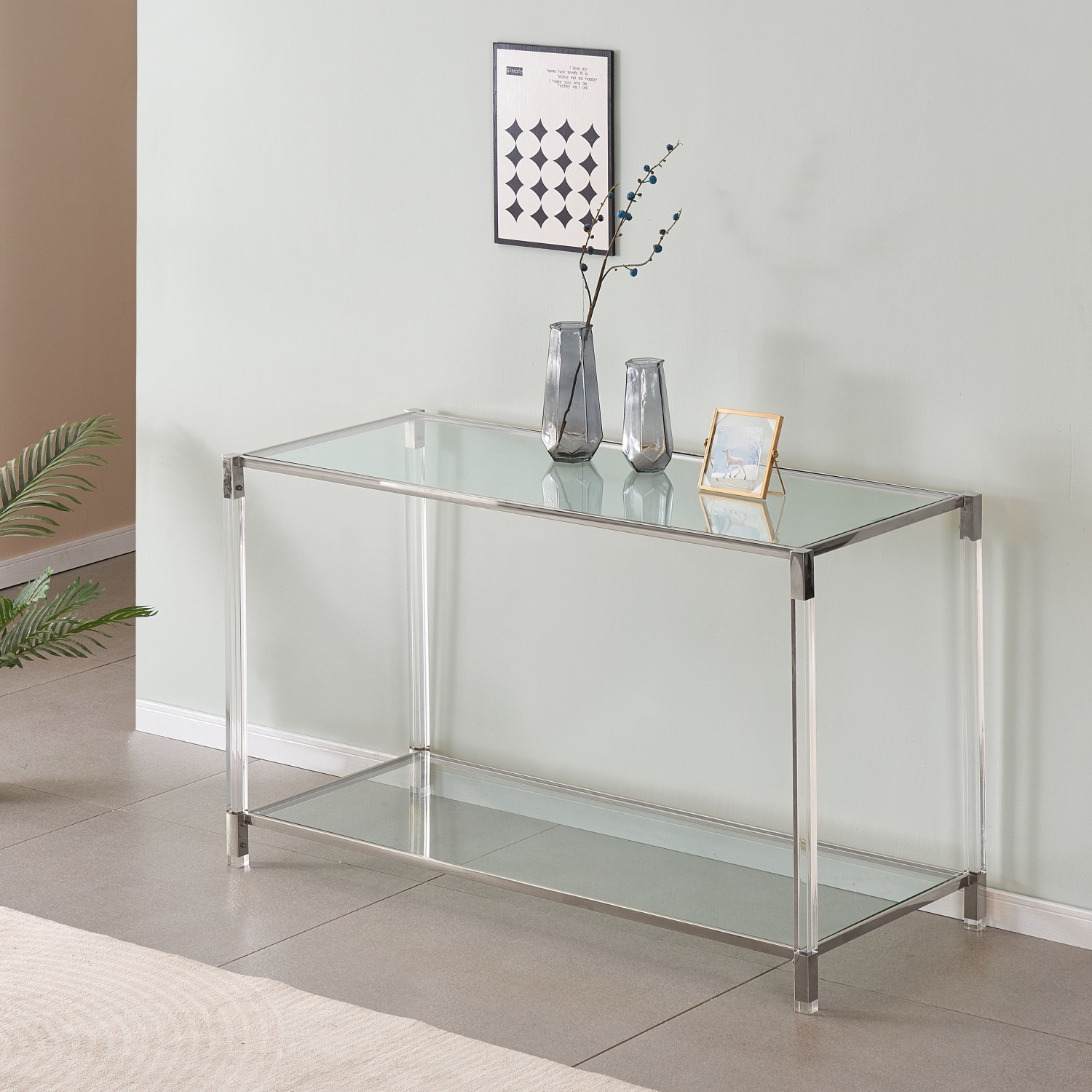 Luxury Tempered Glass Silver Stainless Steel Console Table with Acrylic Leg for Hallway