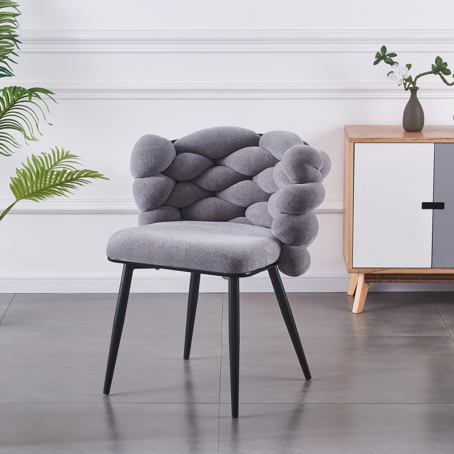 Modern Grey Weave Fabric Velvet Chairs Living Room Furniture Black Steel Legs Dining Chair