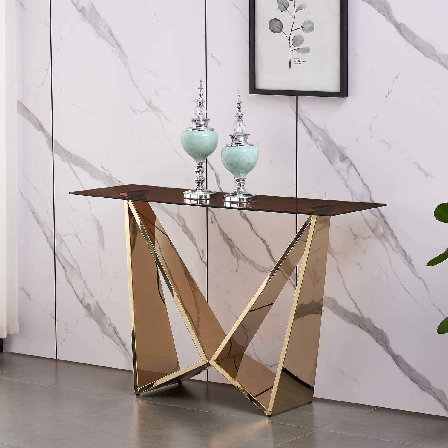Popular Design Nordic Modern Hallway Corner Stainless Steel Gold Brown Glass Console Tables
